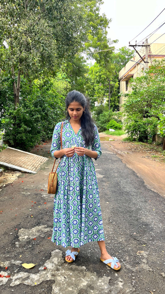 Blue Green Inverted Yoke Floral Dress