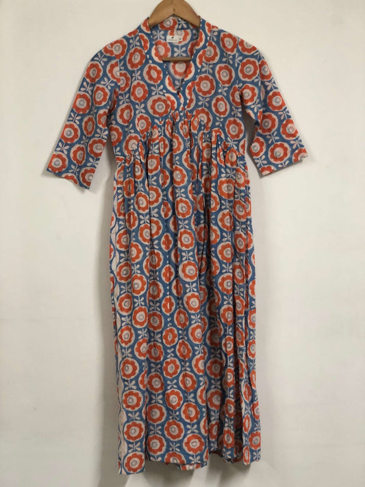 Orange Blue Inverted Yoke Floral Dress