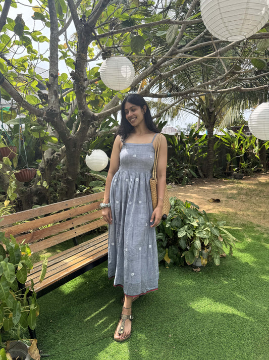 Grey Jamdani spaghetti dress