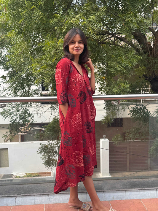 Ajrakh V-Neck Half Sleeve Dress