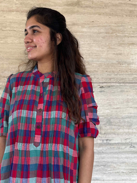 Red Checkered Khadi Dress