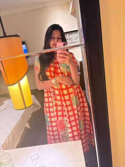 Tropical Floral Check Print Smock Dress