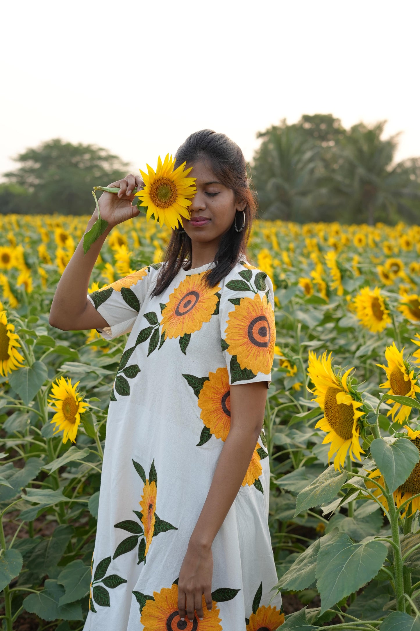 Sunflower Embroidered Khadi Dress