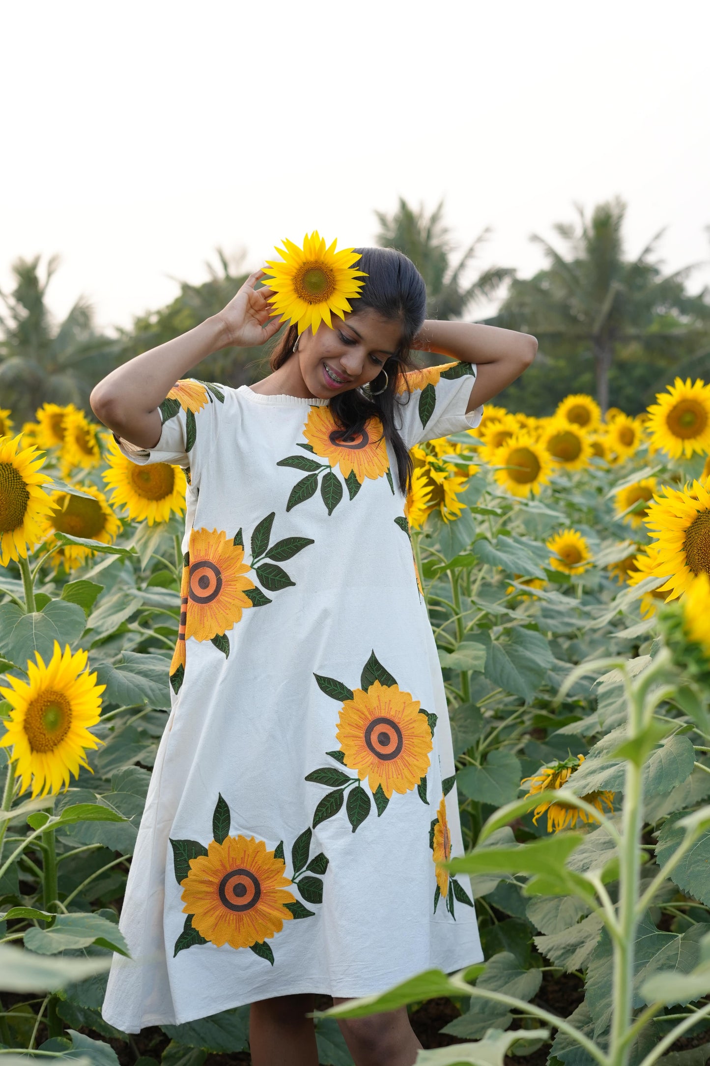Sunflower Embroidered Khadi Dress