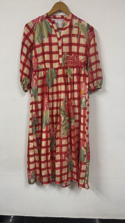 Tropical Floral Checkered Print yoke Dress