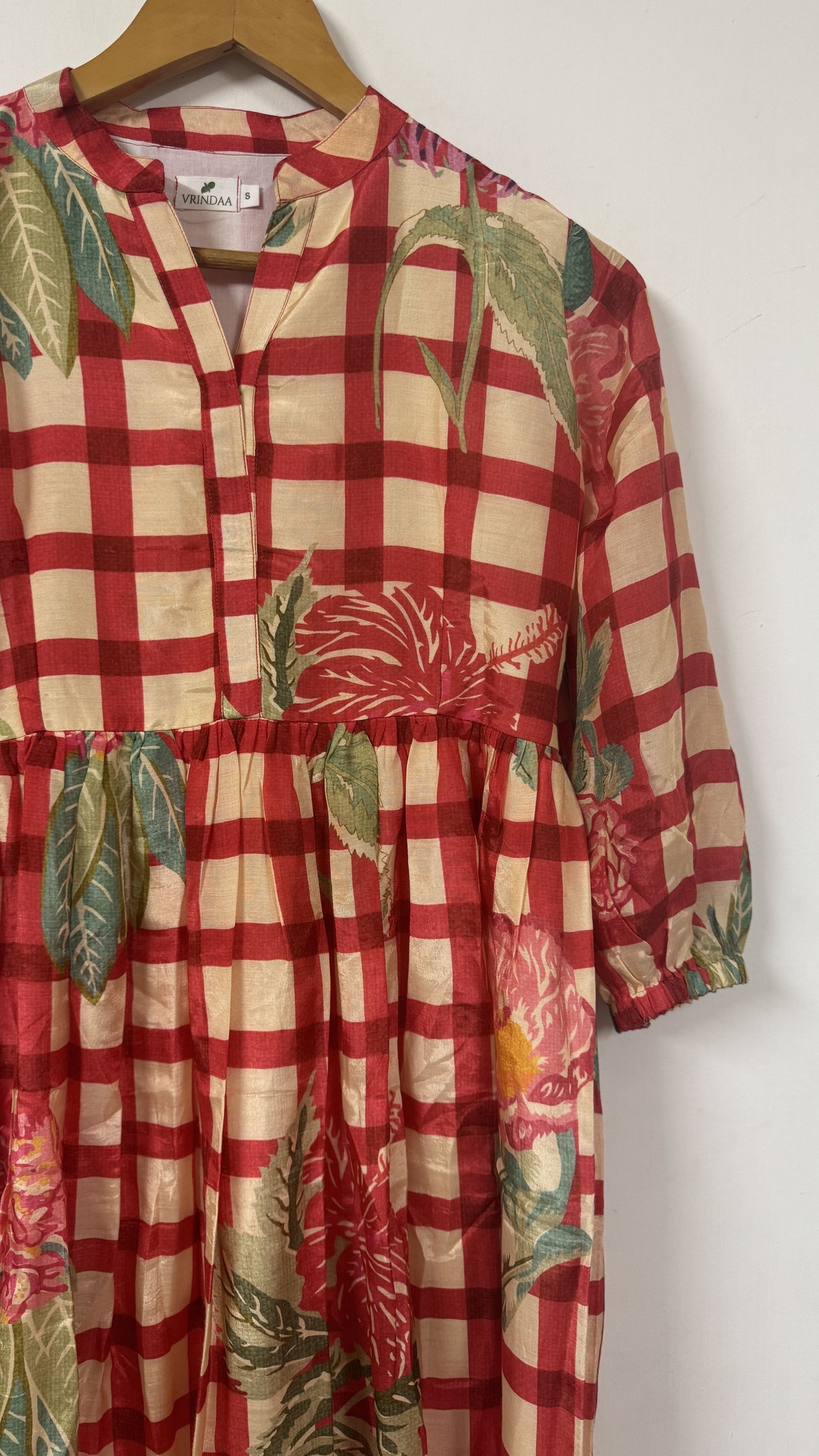 Tropical Floral Checkered Print yoke Dress