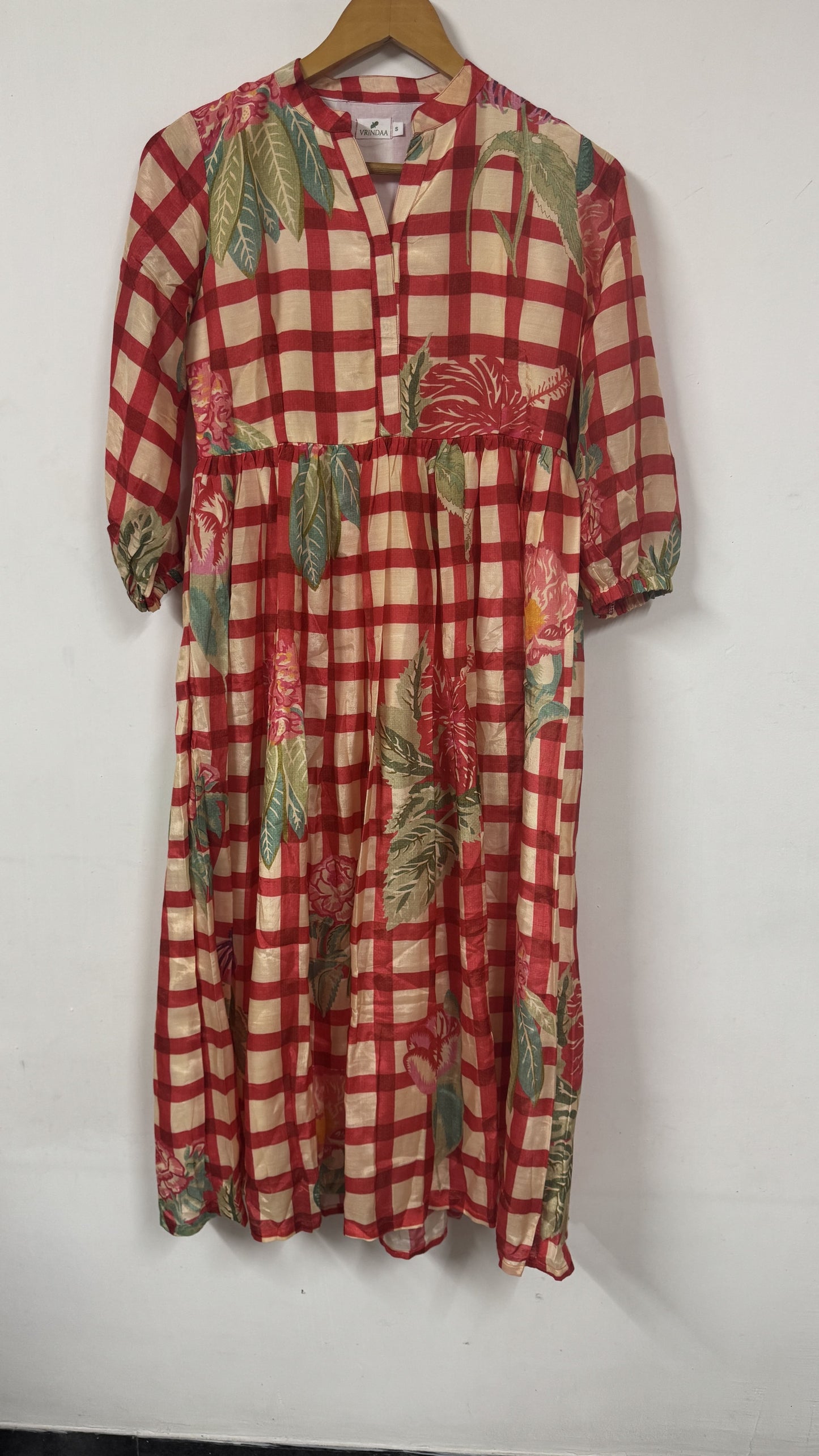Tropical Floral Checkered Print yoke Dress