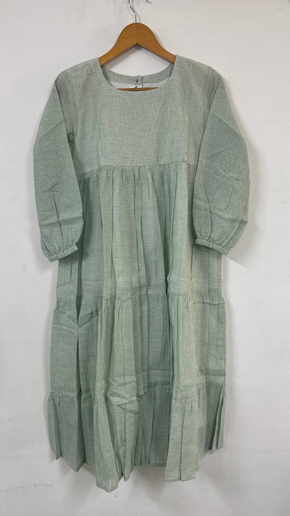 Willow Green Micro-Check Tiered Maxi Dress