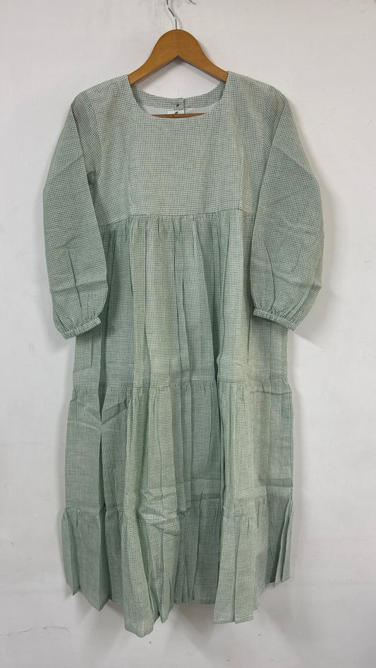 Willow Green Micro-Check Tiered Maxi Dress