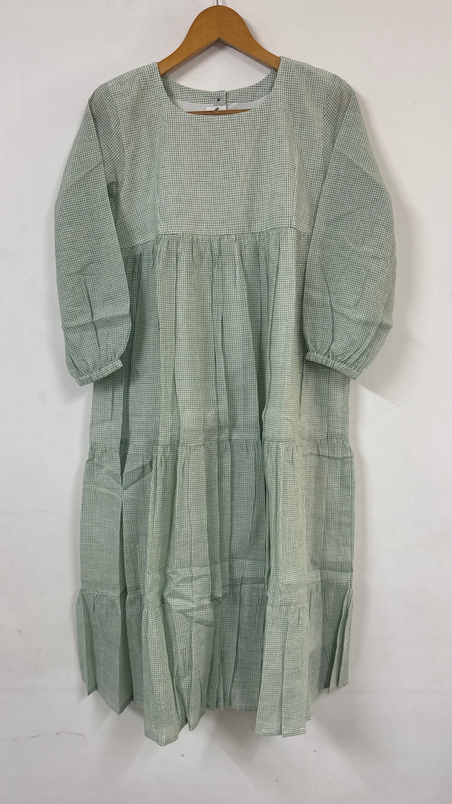 Willow Green Micro-Check Tiered Maxi Dress