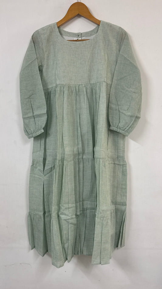 Willow Green Micro-Check Tiered Maxi Dress