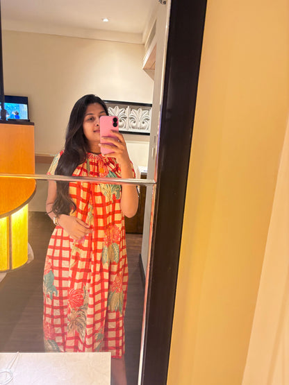 Tropical Floral Check Print Smock Dress