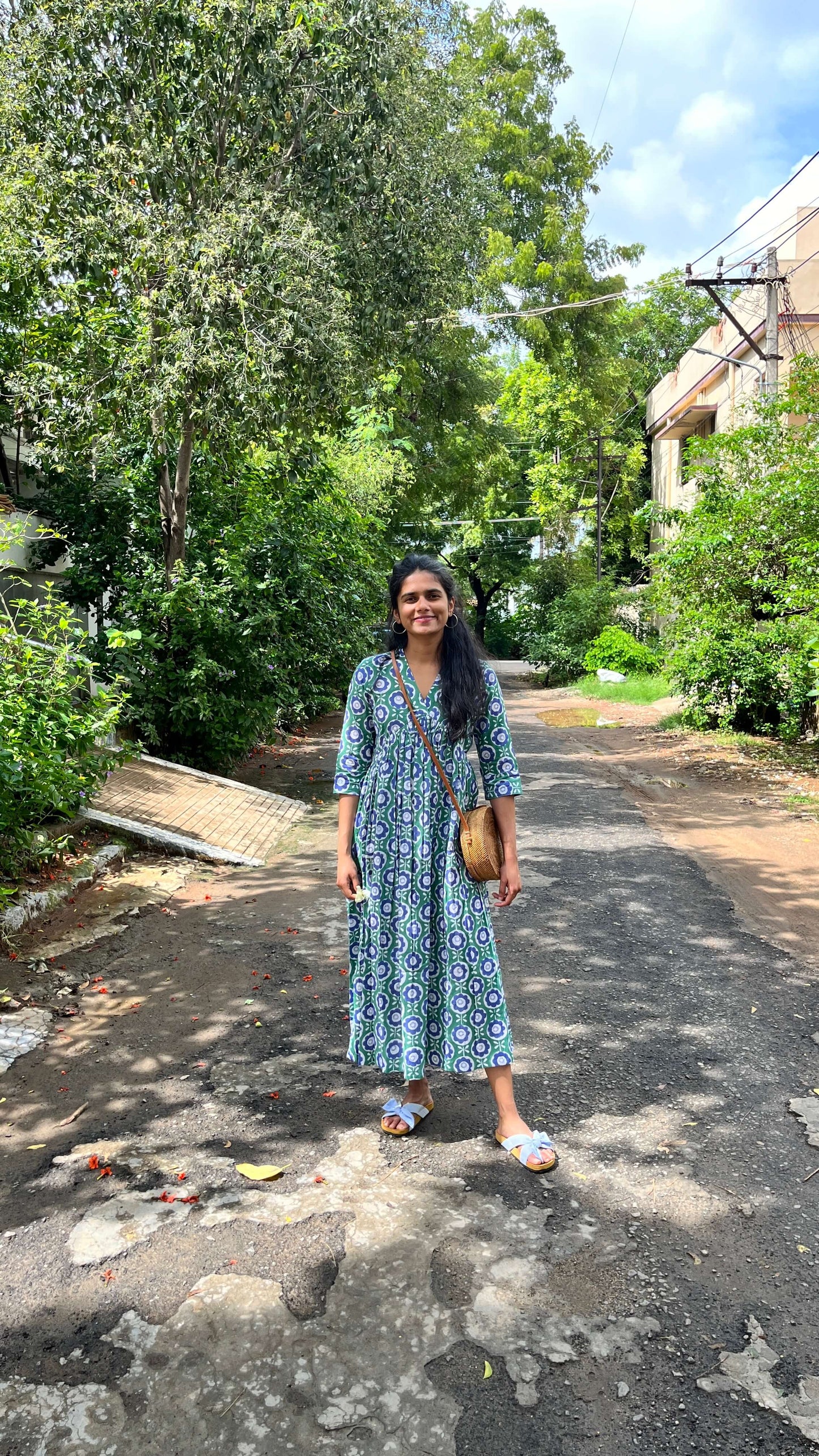 Blue Green Inverted Yoke Floral Dress