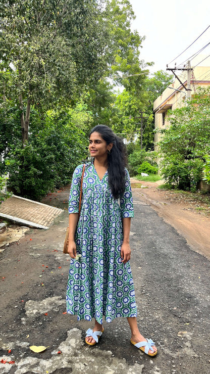 Blue Green Inverted Yoke Floral Dress