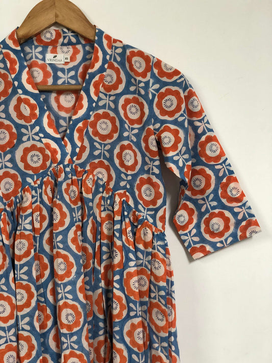 Orange Blue Inverted Yoke Floral Dress