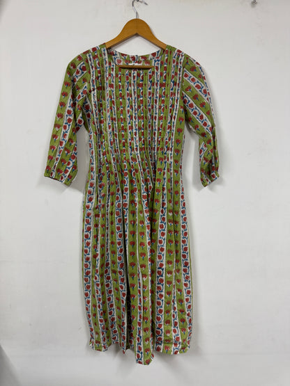 Hand Block Print Pintuck Tunic Dress