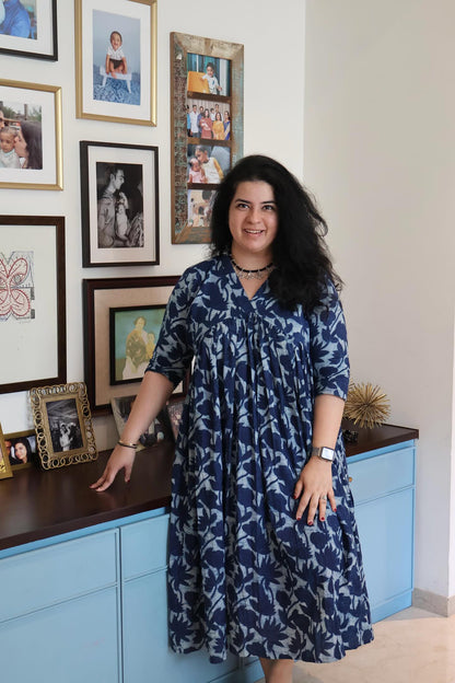 Indigo Hand Block Print Gathered Midi Dress