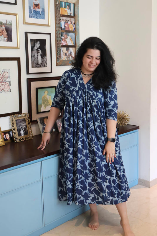 Indigo Hand Block Print Gathered Midi Dress