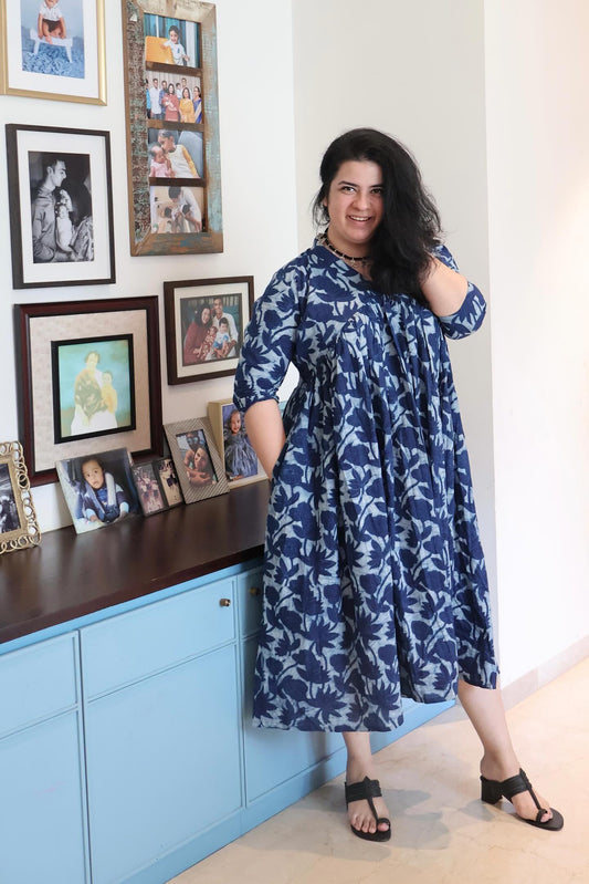 Indigo Hand Block Print Gathered Midi Dress