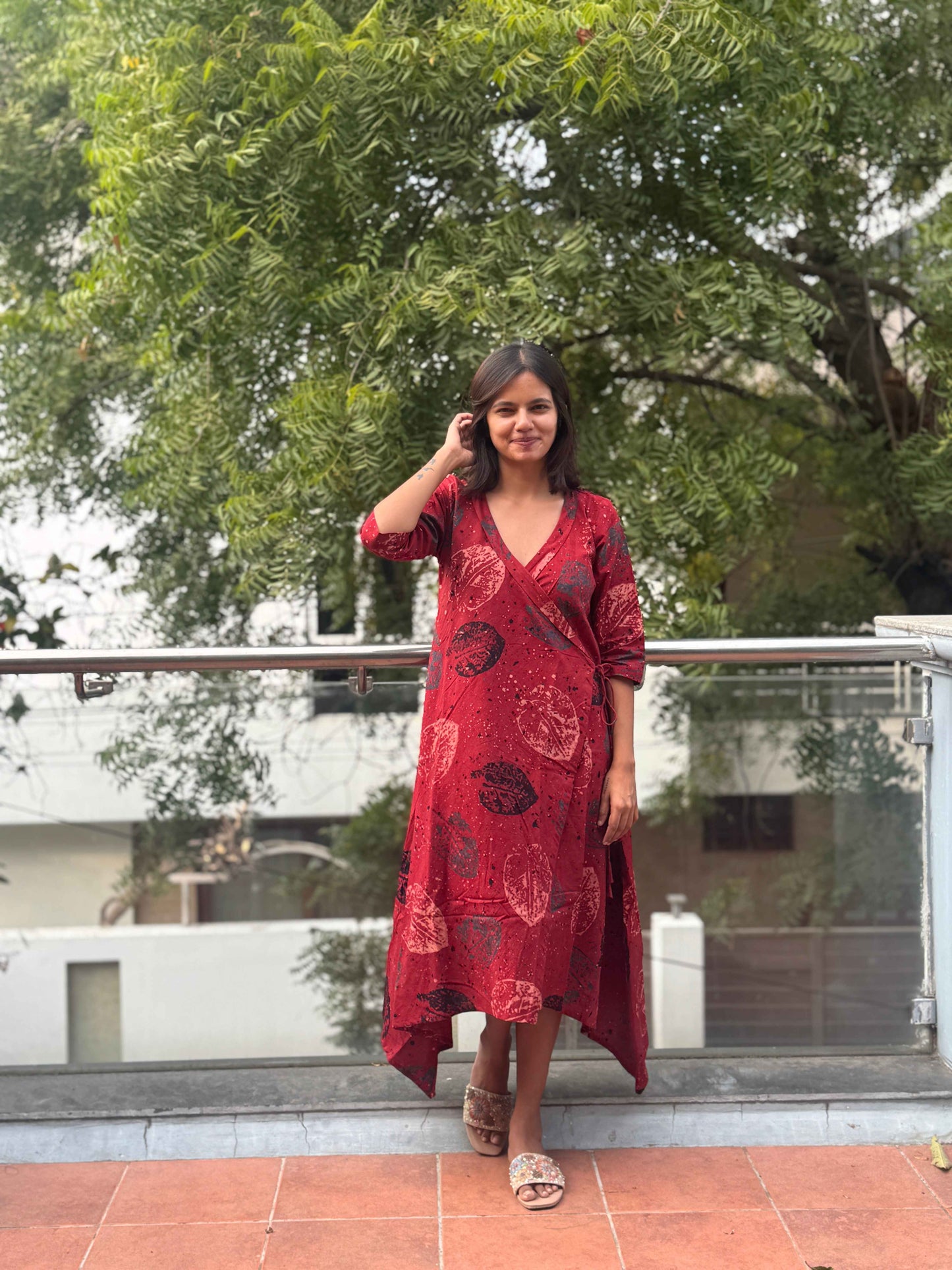 Ajrakh V-Neck Half Sleeve Dress