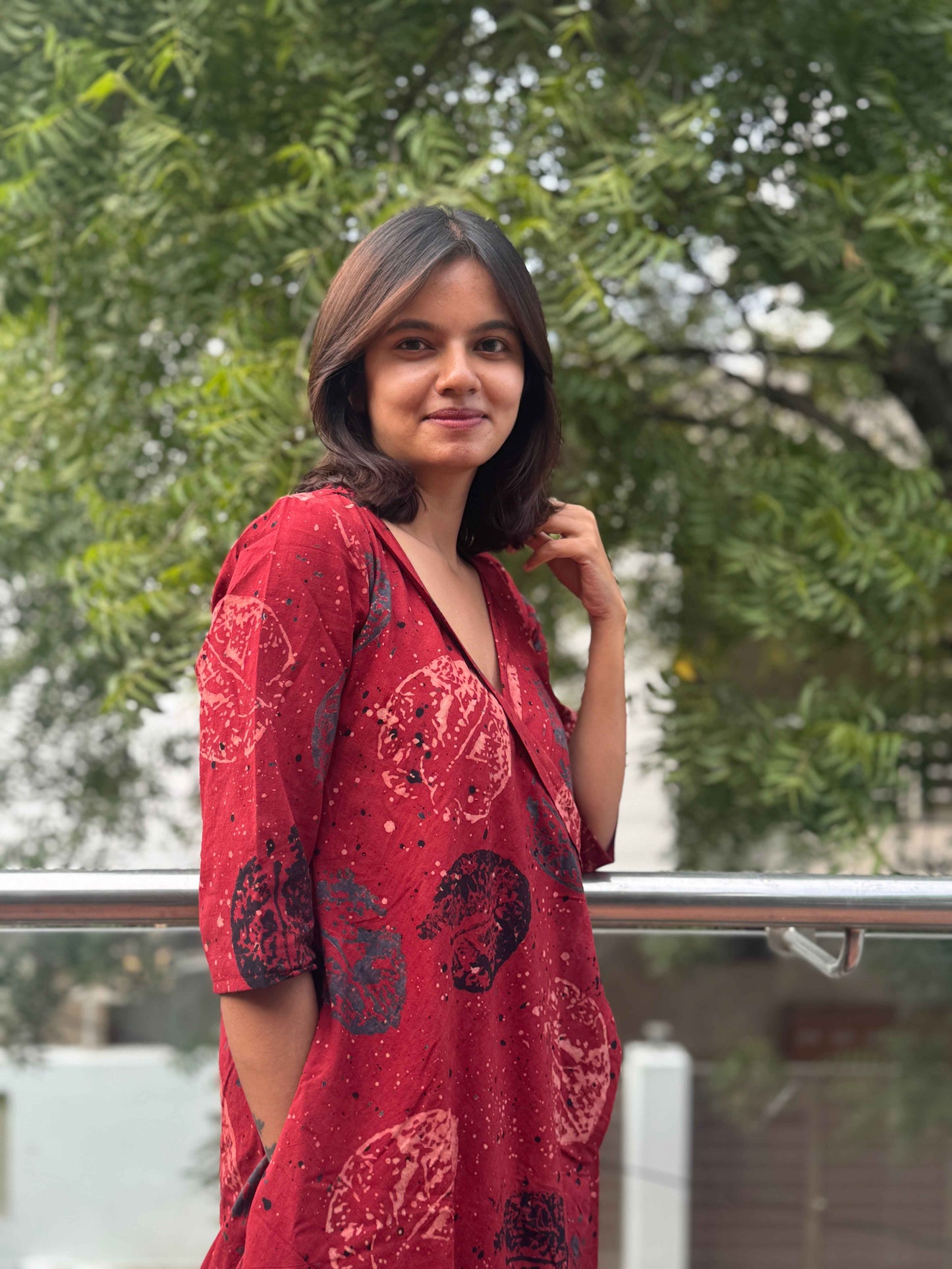 Ajrakh V-Neck Half Sleeve Dress