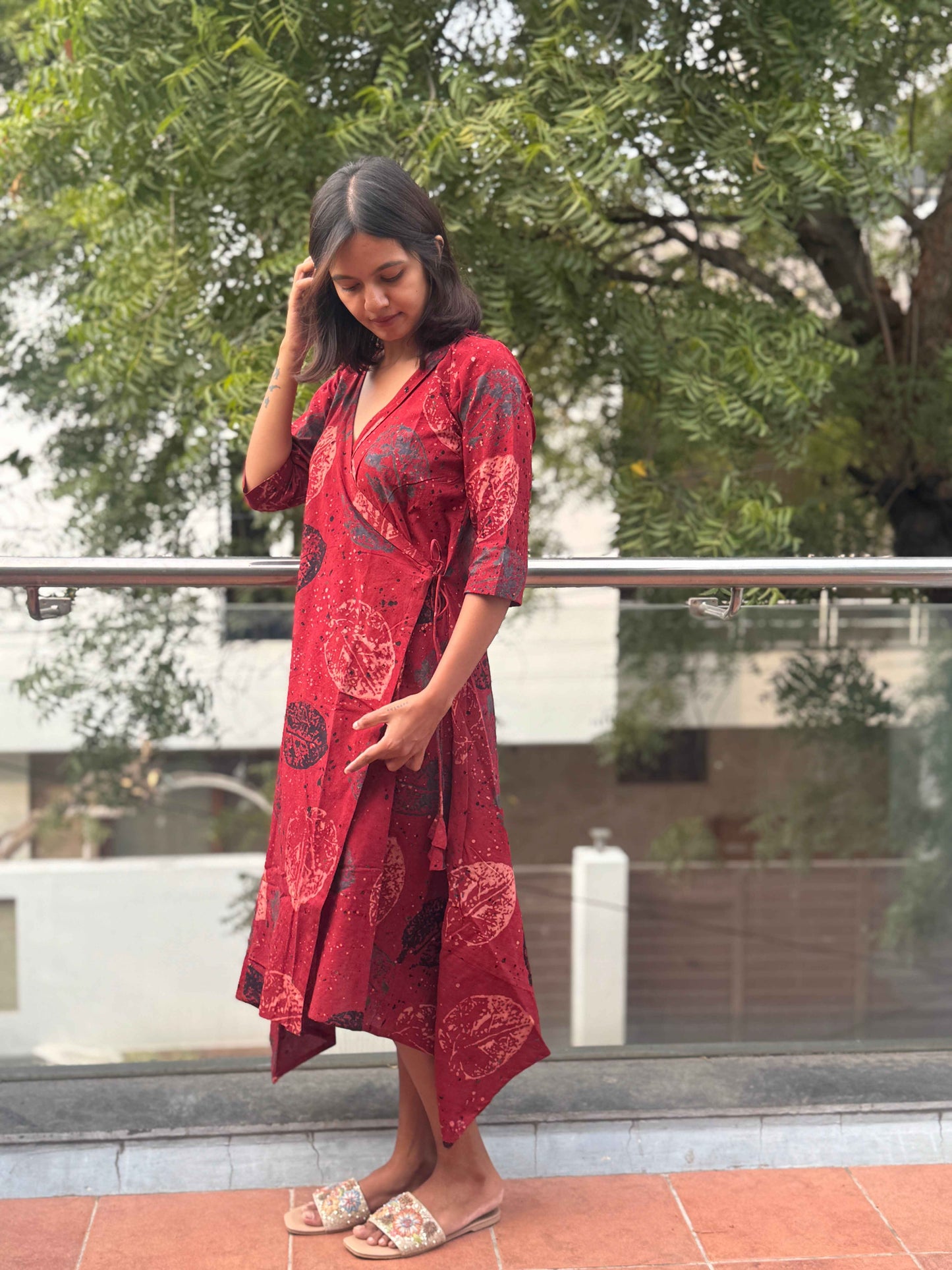 Ajrakh V-Neck Half Sleeve Dress