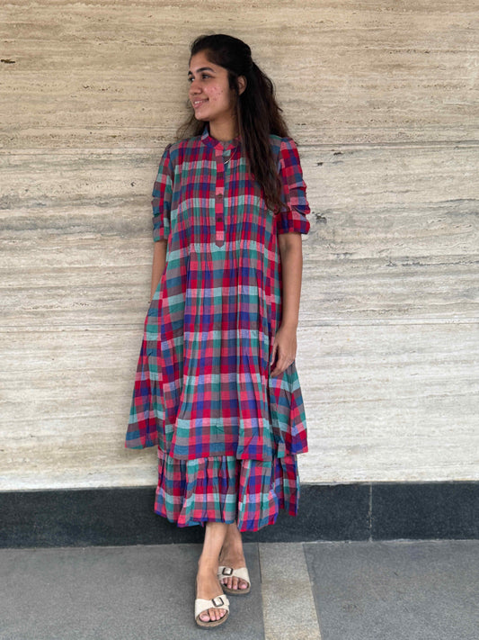 Red Checkered Khadi Dress